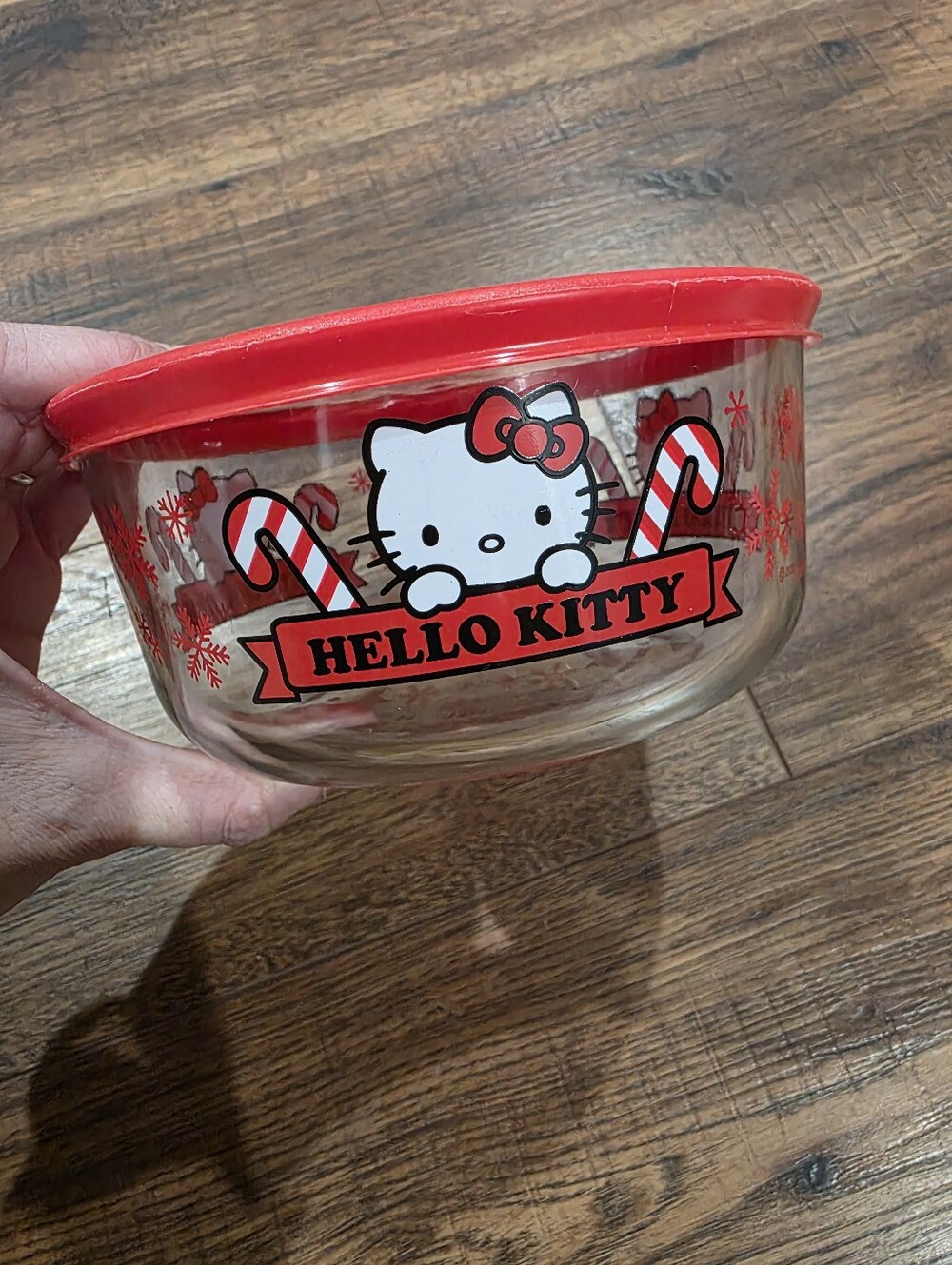 Hello Kitty Pyrex Red and White Glass Bowl with Lid